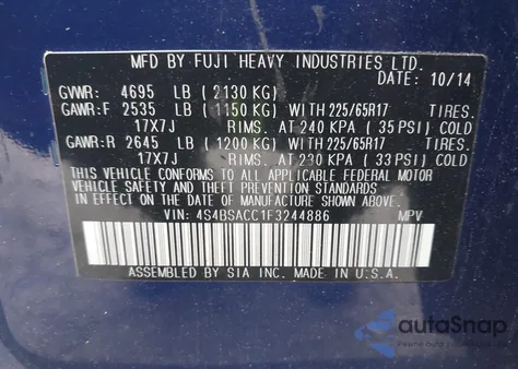 2015 Subaru Outback 2.5I Premium from USA, damaged, VIN 4S4BSACC1F3244886